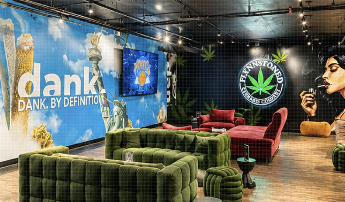 FlynnStoned Midtown East Embassy Lounge with seating and big screens