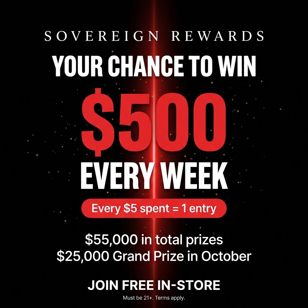 Sovereign Rewards flyer: win $500 every week, every $5 spent equals one entry, $55,000 in total prizes, $25,000 grand prize in October, join free in-store