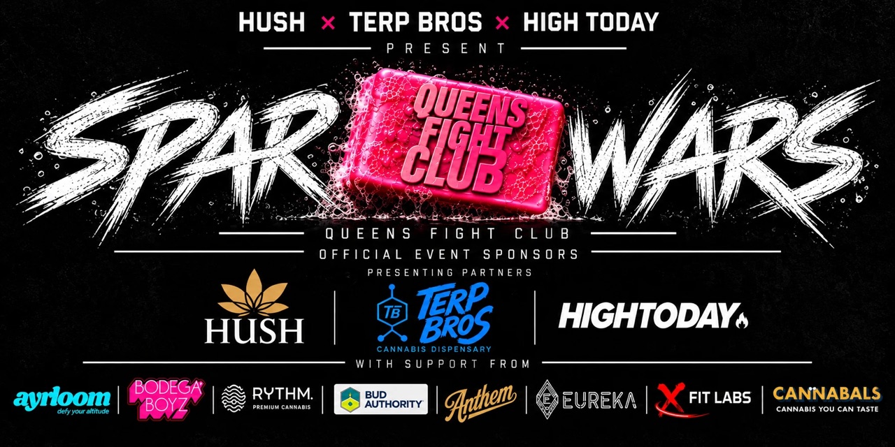 SparWars Queens Fight Club banner presented by Hush, Terp Bros and High Today, with logos of the event sponsors