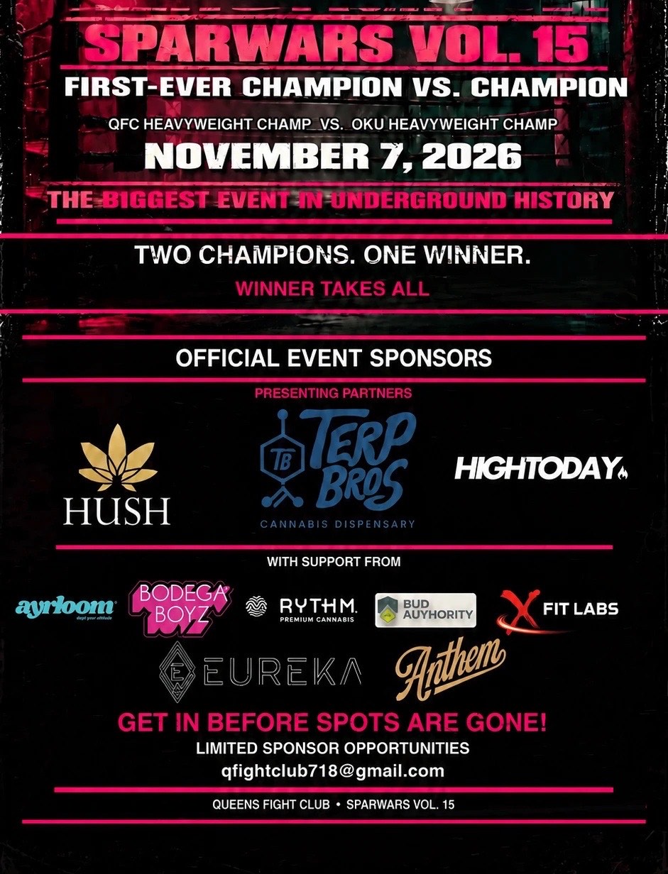 SparWars Vol. 15 flyer: QFC heavyweight champion vs. Knuckle Up heavyweight champion, November 7, 2026, presented by Hush, Terp Bros and High Today